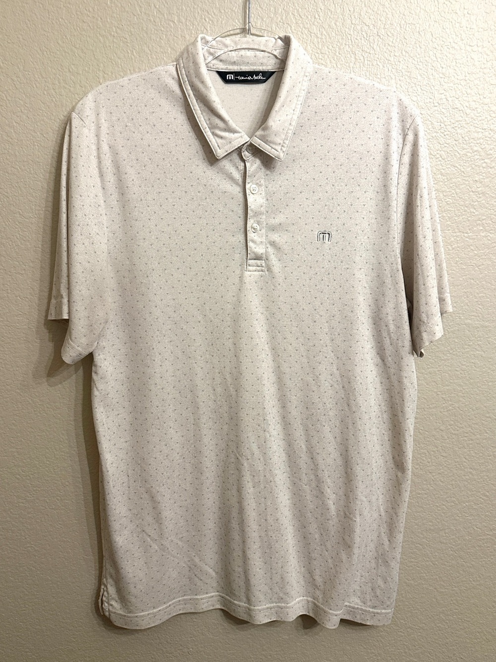 Travis Mathew Cream Polo with Gray Micro Geometric Print